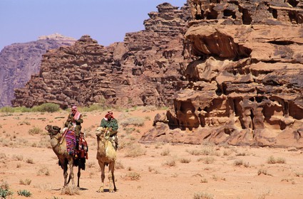 Jordan, Wadi Rum, patrol of Camel Corp or police of the desert on their dromedaries