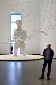 France, Paris, Louis Vuitton Foundation by architect Frank Gehry, A=F=L=O=A=T (2014) de Cerith Wyn Evans in the foreground and Mann in Matsch (2009) sculpture by Thomas Schütte in the background (a special authorization is required before publication)