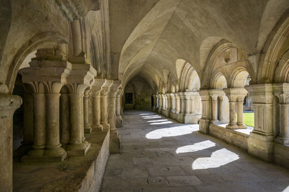 France, Côte-d'Or (21), Marmagne, l'abbaye cistercienne de Fontenay classée au Patrimoine Mondial de l'UNESCO, la salle capitulaire à gauche qui s'ouvre sur la galerie est du cloître