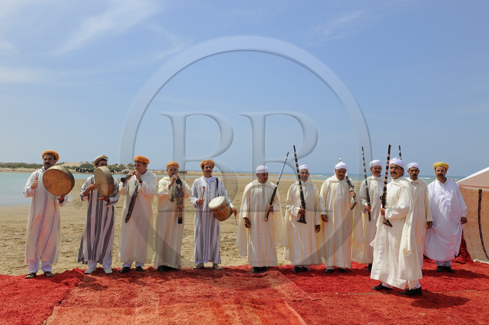 Maroc, région de l'Oriental, danse et musique traditionnelle la Reggada sur une plage