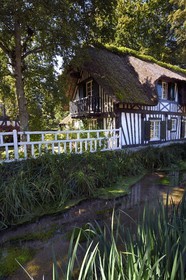 France, Seine-Maritime (76), Côte d'Albatre, Pays de Caux, Veules-les-Roses, labellisé Les Plus Beaux Villages de France, maison à toit de chaume en bordure du fleuve la Veules célèbre pour la faible longueur de son cours (1 100 m)
