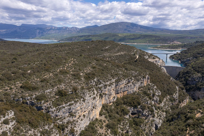 Var on the Left Bank and Alpes de Haute Provence on the Right Bank, Parc Naturel Regional du Verdon, Basses Gorges du Verdon downstream of Lake St. Croix, the gorges de Baudinard  and the Sainte Croix dam in the background (aerial view)