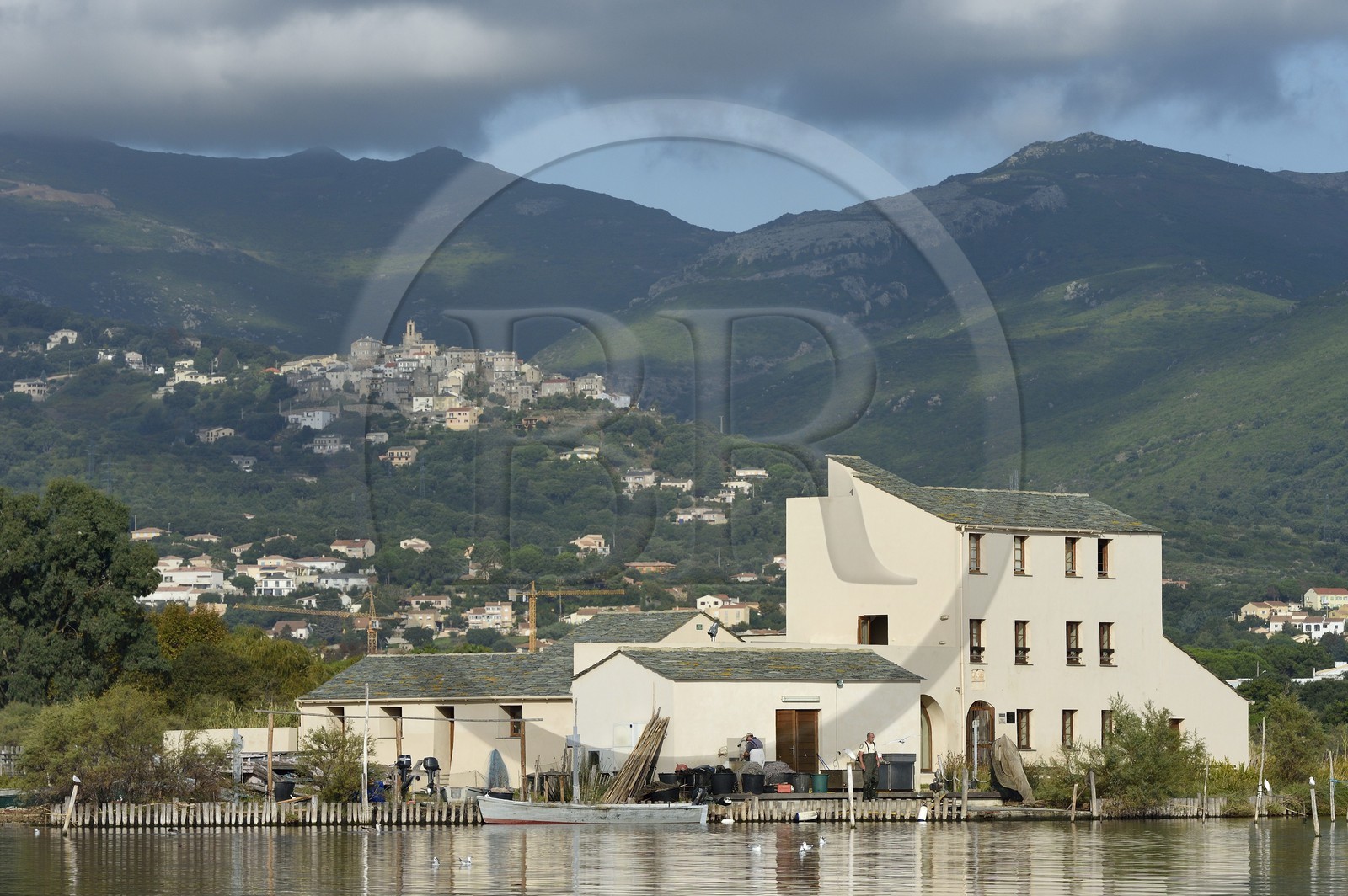 France, Haute-Corse (2B), l'étang de Biguglia (stagnu di Chjurlinu), réserve naturelle de Corse (RNC), l'écomusée de la Réserve naturelle de l'Étang de Biguglia dans l'ancien fortin, le village de Furiani en arrière plan France, Haute-Corse (2B), l'étang de Biguglia (stagnu di Chjurlinu), réserve naturelle de Corse (RNC), l'écomusée de la Réserve naturelle de l'Étang de Biguglia dans l'ancien fortin, le village de Furiani en arrière plan