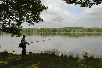France, Nièvre (58), pêcheur à la ligne au bord du lac des Settons