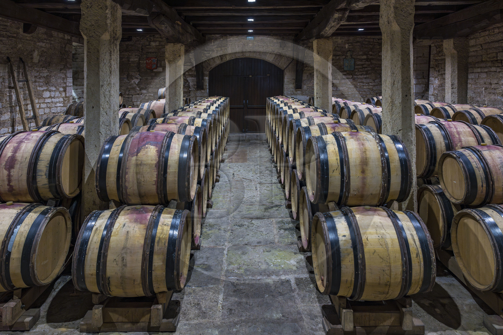 France, Cote d'Or, cultural Landscape of the climates of Burgundy listed as World Heritage by UNESCO, Route des Grands Crus (road of Vintage Wines), vineyard of the Côte de Nuits, Gevrey Chambertin, Domaine Dugat, the former Tithe Cellar of the Bishops of Langres where the empty barrels are stored