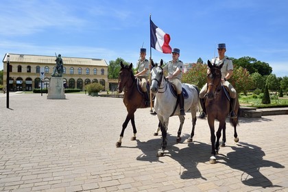 France, Moselle, Metz, Esplanade Gardens, riders preparing for the transfer of command of the 3rd Hussars Regiment