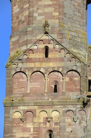 France, Bas Rhin, Marmoutier, Roman abbey church dated 6th century, western Facade in red sandstone from Vosges Mountains, the decoration of the facade has carved elements of heads, body and geometric elements