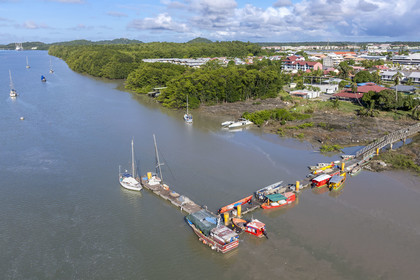 France, French Guiana, Kourou, the fishermen's jetty on the Kourou river estuary near the Balourous maritime station (aerial view)