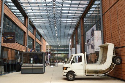 France, Rhone, Lyon, the Cite Internationale designed by the architect Renzo Piano, Truck (2007) Erwin Wurm work, collection of the Museum of Contemporary Art in Lyon