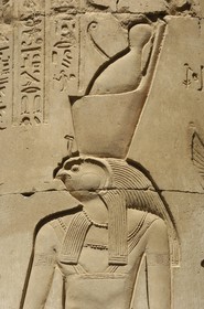 Egypt, Upper Egypt, Nile Valley, Kom Ombo Temple dedicated to Sobek, the god with a crocodile's head, bas-relief of the god Horus