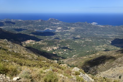 France, Haute Corse, Balagne, perched village of Speloncato and the lake Codole in the background