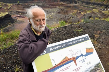 France, Puy de Dome, Parc Naturel Régional des Volcans d'Auvergne (regional nature park of Auvergne volcanoes), Chaine des Puys listed as World heritage by UNESCO, Saint Ours les Roches, Lemptegy volcano, a former quarry that has become an educational site open to the public, volcanologist Pierre Boivin