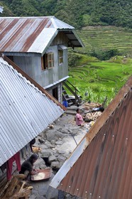 Philippines, Ifugao province, Banaue rice terraces around the village of Cambulo, listed as World Heritage by UNESCO, man sorting the rice under his granary