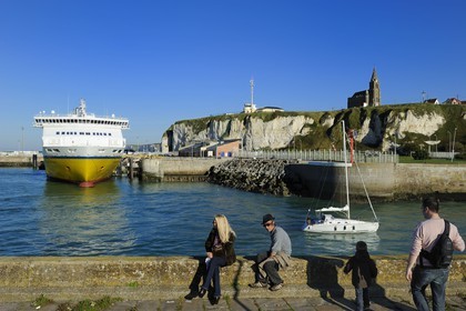 France, Seine-Maritime, Dieppe, harbor entrance and the car ferry terminal overlooked by the chapel of Notre-Dame de Bonsecours