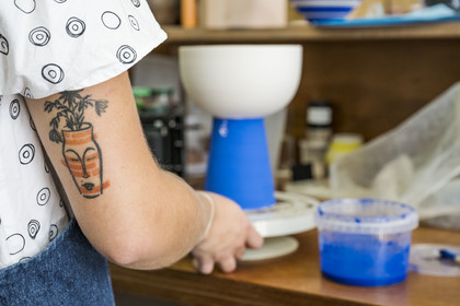 France, Alpes-Maritimes, Vallauris, ceramist Maureen Stengel-Guillot from the MSG Céramique workshop, her tattoo as a tribute to ceramics
