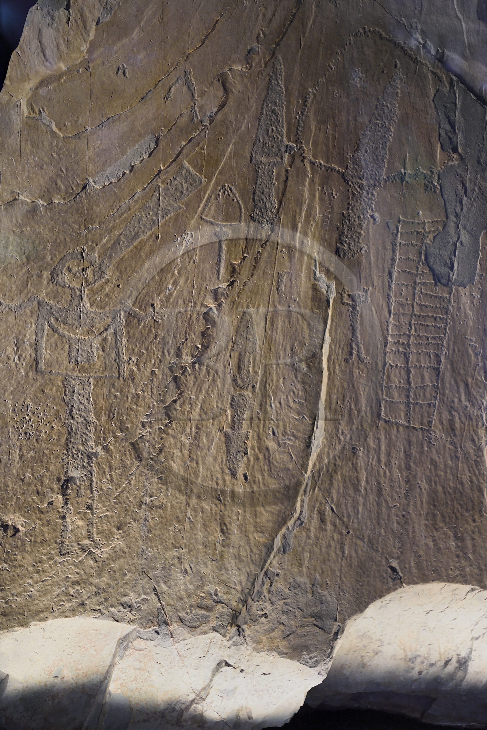 France, Alpes-Maritimes, Roya Valley, Tende, the Musee des Merveilles (Merveilles Departmental Museum), original rock from the Vallee des Merveilles (Valley of Marvels) with engraving called Headman, anthropomorphic figure left, daggers and a large checkerboard-like figure of 32 boxes that would symbolize the cultivated fields on the right