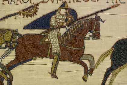 France, Calvados, Bayeux, tapestry museum, Bayeux tapestry, tapestry of Queen Mathilde listed as Memory of the World by UNESCO telling the story of England's invasion by William the Conqueror