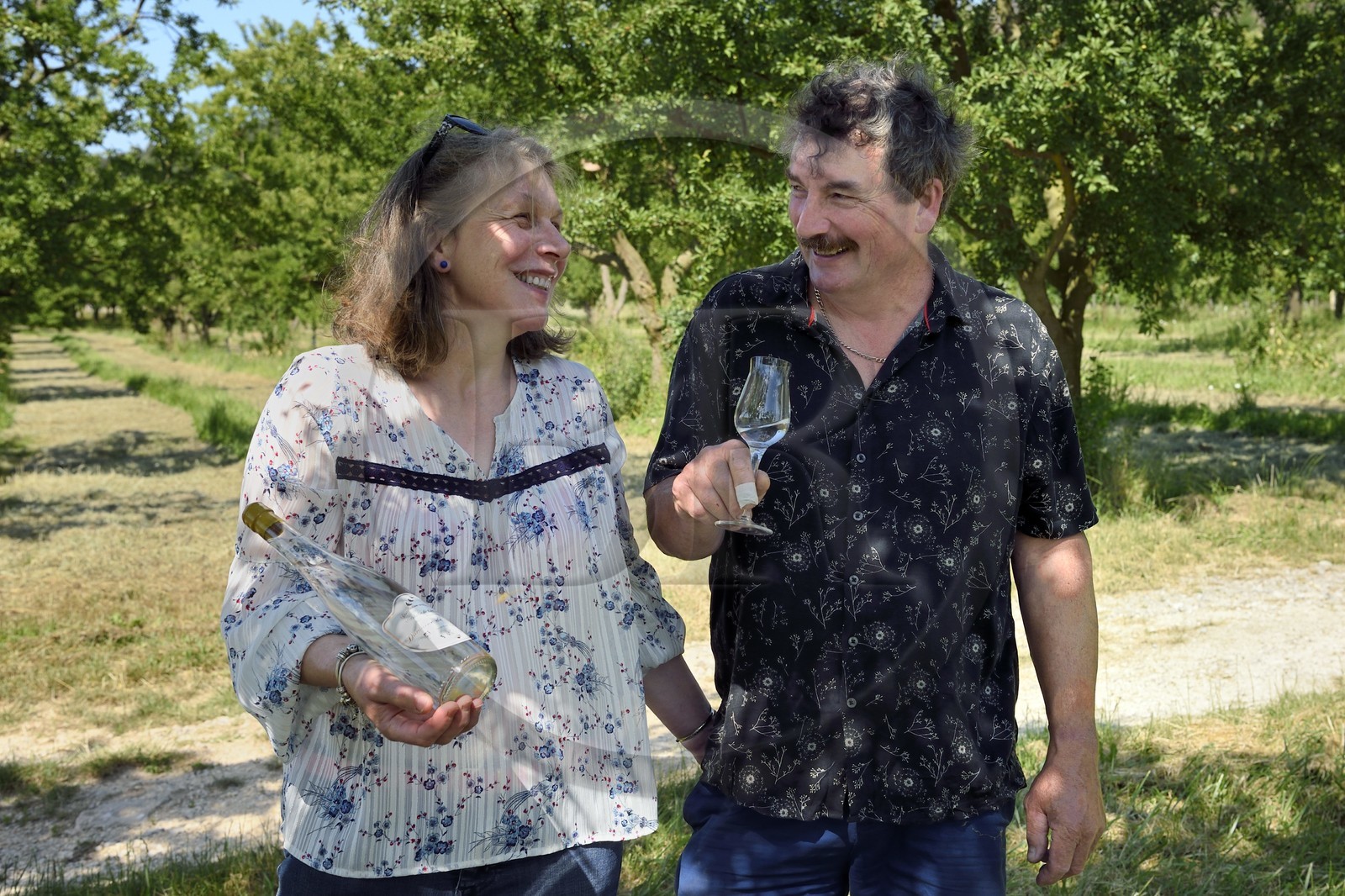 France, Meuse (55), Parc régional de Lorraine, Cotes de Meuse, Combres-sous-les-cotes, Domaine de Muzy, Véronique et Jean-Marc Liénard présente leur bouteille d'eau-de-vie de mirabelle