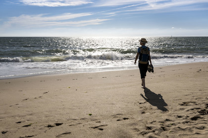France, Vendée (85), Talmont Saint Hilaire, la Pointe du Payré, hiker on Veillon beach