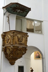 France, Haute Corse, Calvi, the citadel, St Jean Baptiste cathedral, carved wooden pulpit and loggies placed in the pillars
