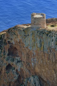 France, Corse du Sud, Golfe de Porto, listed as World Heritage by UNESCO, the Capo Rosso and the Genovese Tower of Turghiu (Turghio) in the background (aerial view)