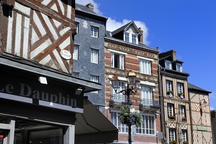 France, Calvados (14), Honfleur, maisons traditionnelles à colombages dans la rue du Dauphin