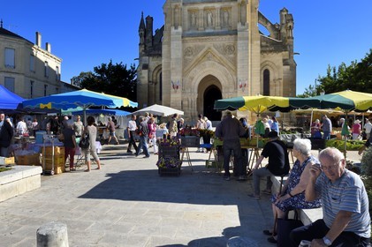 France, Dordogne, purple Perigord, Bergerac, market at the foot of the Notre Dame church