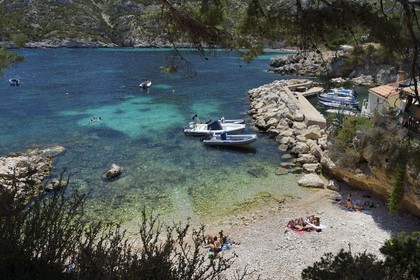 France, Bouches du Rhone, Marseille, National Park of the Calanques, Calanque de Sormiou, Calanque de Sormiou (cove), small harbour (request for authorization necessary before publication)