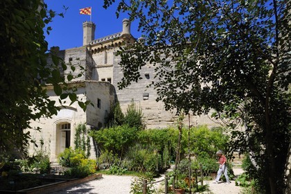 France, Gard, Uzes, the medieval garden, the medieval garden and the Bermonde Tower from the Duke's castle called the Duche d'Uzes
