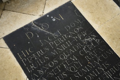 France, Marne, regional park of Montagne de Reims, Hautvillers, abbey church Saint-Sindulphe, the tombstone of Dom Perignon