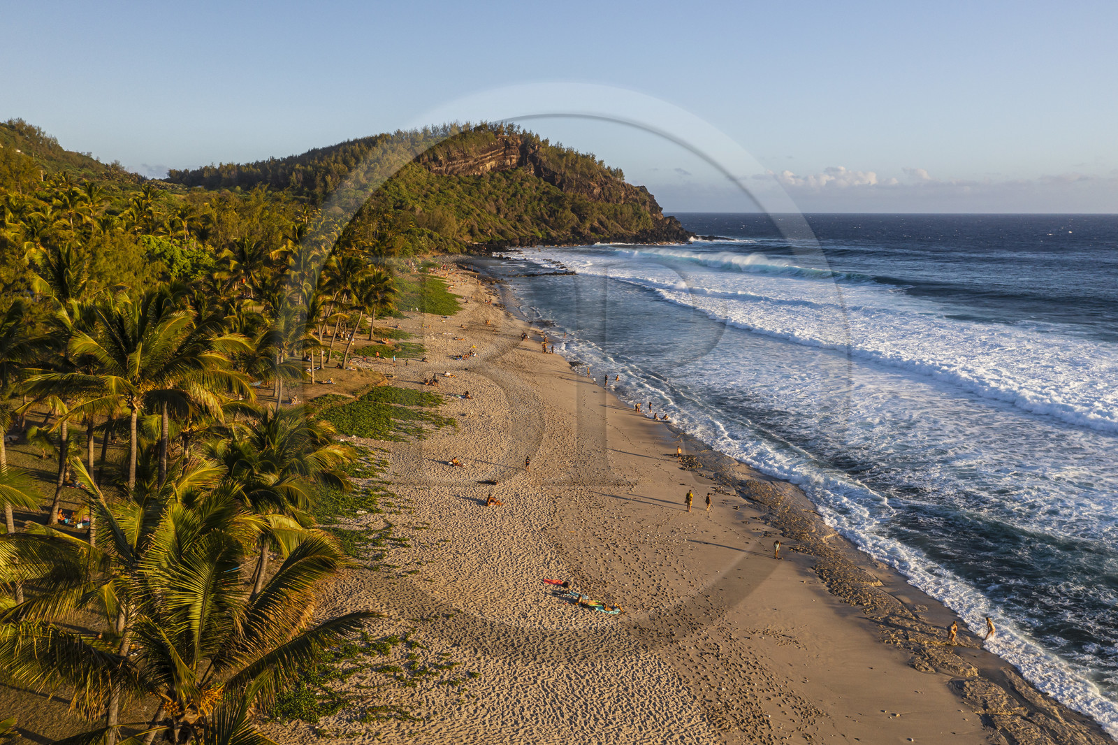 France, Ile de la Reunion, Petite-Ile sur la côte sud, plage de sable blanc de Grand-Anse au pied de piton Grande-Anse (vue aérienne)