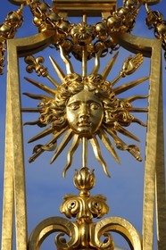 France, Yvelines, Chateau de Versailles, listed as World Heritage by UNESCO, detail of the Royal Gate drawn by Mansart (restored in June 2008) which separating the Royal Courtyard