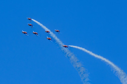 France, Bouches du Rhone, Salon de Provence, air base 701, base of the Patrouille de France (PAF for Patrouille acrobatique de France) of the French Air and Space Force, Alphajet aircraft perform inverted pass