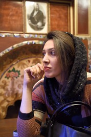 Iran, Isfahan Province, Isfahan, New Julfa Armenian district (Nor Djoura), Firuz Cafe at Julfa square, young Iranian woman who is called Agar