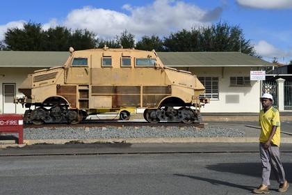 Namibie, région de Khomas, Windhoek, la gare dans Bahnhof strasse, Padda Kobus Railway Armoured Vehicle Panzer Train de l'epoque Sud-Africaine