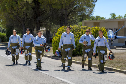France, Bouches du Rhone, Salon de Provence, air base 701, base of the Patrouille de France (PAF for Patrouille acrobatique de France) of the French Air and Space Force, departure of the pilots equipped with anti-G outfit after the briefing to join the Alphajet planes on the tarmac and carry out the training flight