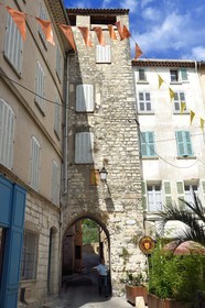 France, Var, Draguignan, place aux Herbes in the heart of the old town, the 13th century Rome Gate