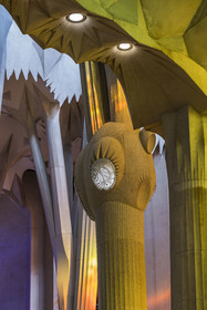 Espagne, Catalogne, Barcelone, quartier de l'Eixample, basilique de la Sagrada Familia de l'architecte du modernisme catalan Antoni Gaudi classée Patrimoine Mondial de l'UNESCO, au dessus du noeud, les colonnes du vaisseau central (nef) se subdivisent en branches tel un arbre, éclairées par les projections chaudes des vitraux du coté de la facade de la Passion