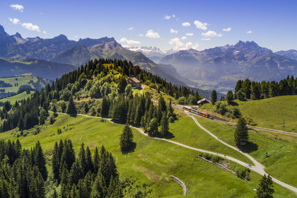 Switzerland, Canton of Vaud, Villars-sur-Ollon, train to the Bretaye pass station at the Bouquetins station and Mont-Blanc in the background (aerial view)