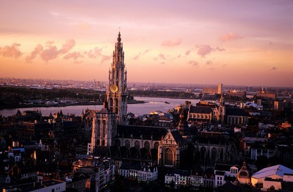 Belgium, Flanders, Antwerp, Notre Dame cathedral and the city centre on the Schelde (also Scheldt or Escaut) river