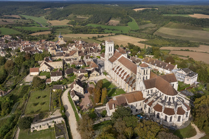 France, Yonne, regional natural park of Morvan, Vézelay, a UNESCO World Heritage site, labelled Les Plus Beaux Villages de France, starting point of one of the main ways to Santiago de Compostela, the hill and the Basilica of Saint Mary Magdalene (aerial view)