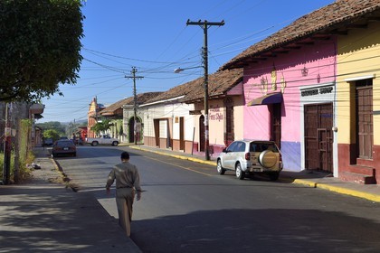 Nicaragua, Leon, avenida 2 Poniente in the historic center, colorful houses with colonial architecture
