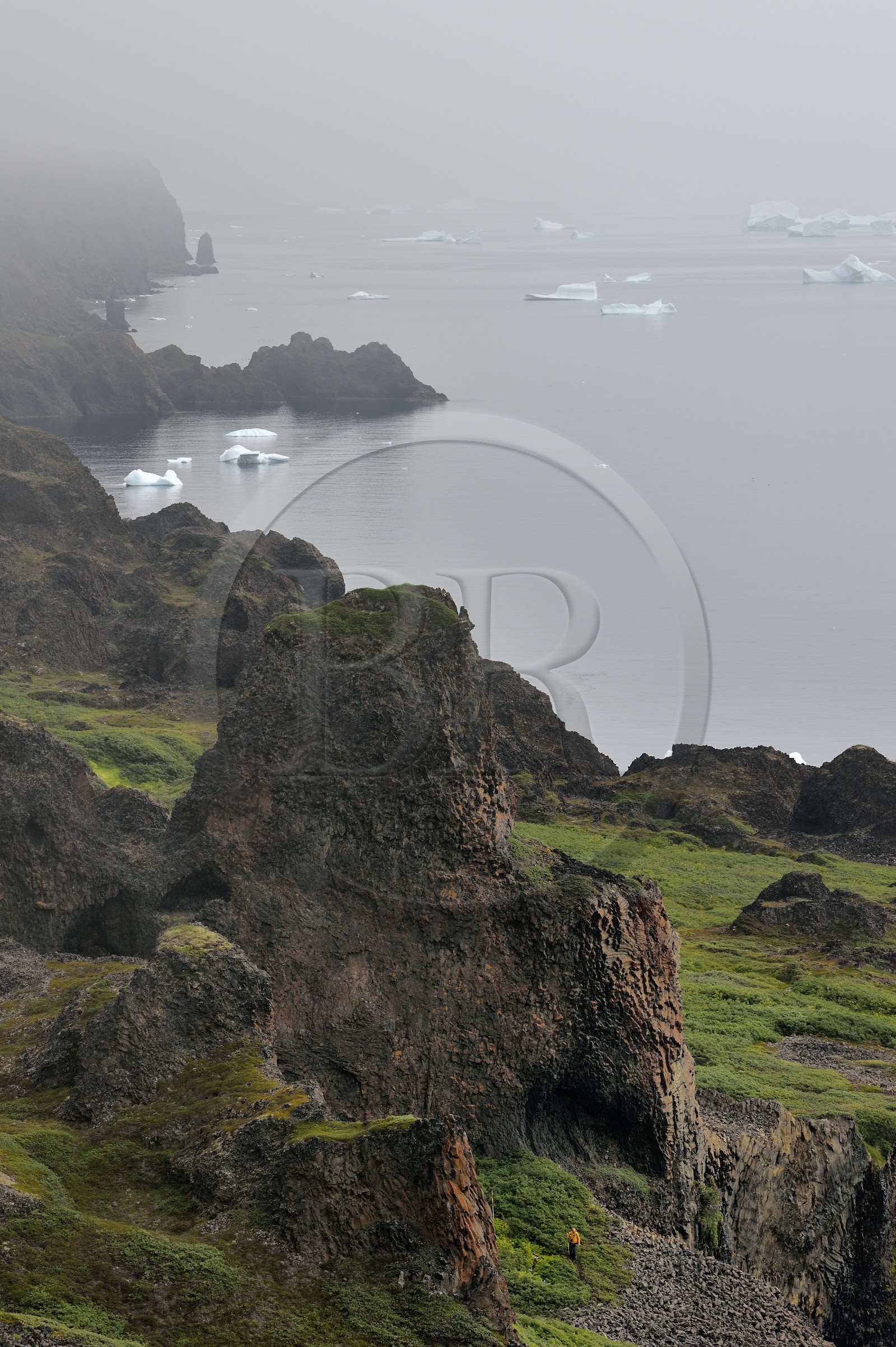 Groenland, cote ouest, Ile de Disko, Qeqertarsuaq, randonneurs sur la côte et icebergs dans la brume en arrière plan