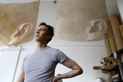 South Africa, Gauteng Province, Johannesburg, the artist Paul Emmanuel in his workshop, in the background a model for his project The Lost Men France