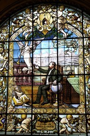 France, Seine Maritime, Pays de Caux, Cote d'Albatre, Fecamp, Benedictine Palace in Neo Gothic and Neo-Renaissance styles, stained glass depicting Alexander Le Grand the producer of the Benedictine herbal liquor