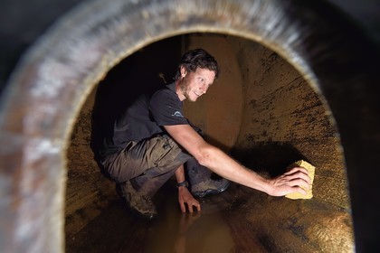 France, Haut Rhin, the Alsace Wine Route, Bergheim, Wine estate Marcel Deiss, the winegrower Mathieu Deiss cleaning the inside of a big barrel