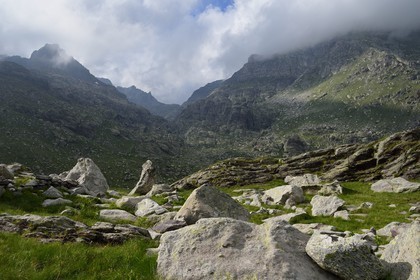 France, Alpes-Maritimes, parc national du Mercantour (Mercantour National Park), the Vallee des Merveilles (Valley of Wonders) scattered with thousands of rupestral engravings of the Bronze Age, Merveilles Mount (2720m) left and Mount Bego (2872m) on the right