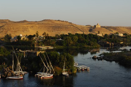 Egypt, Upper Egypt, Nubia, Nile Valley, Aswan, the Agha Khan mausoleum on the western bank dominating the first cataract and Amoun Island