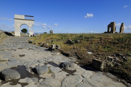 Italy, Lazio , Province of Viterbo, Montalto di Castro, ancient Etruscan city of Vulci, triumphal arch reconstituted