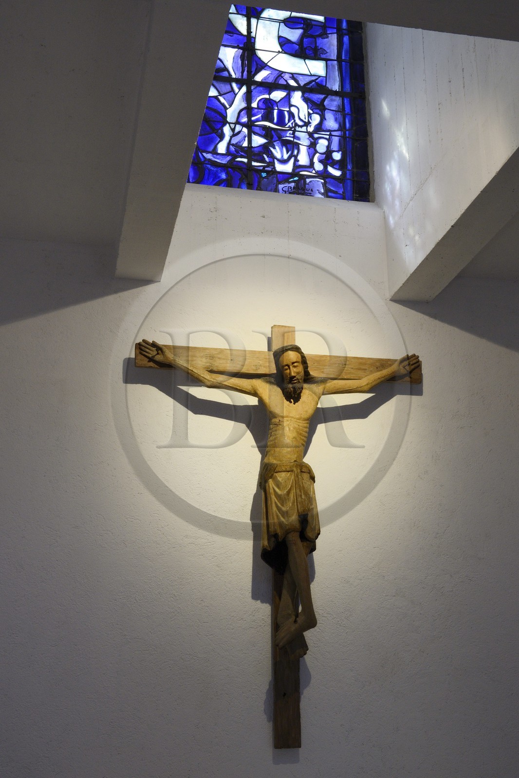 France, Alpes Maritimes, St Paul de Vence, Fondation Maeght, a museum of contemporary art, Chapel St Bernard, Stained Glass (1962) by Georges Braque and crucified Christ, Spanish school, fourteenth century
